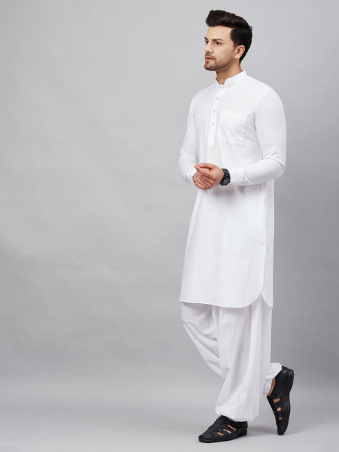 Men's White Cotton Blend Pathani Suit Set